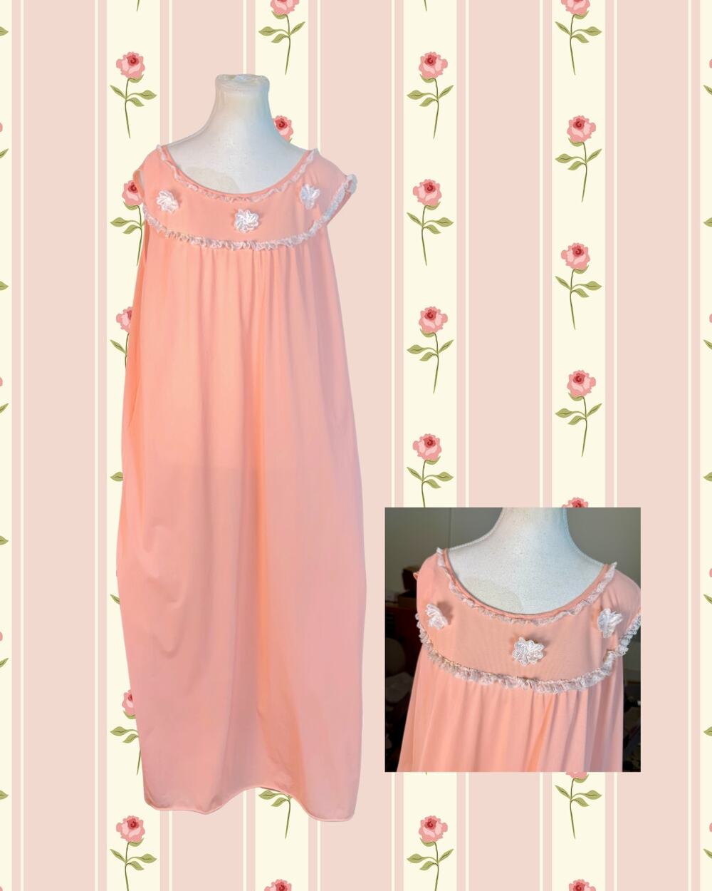 Vintage 70s Bernette New York Peach Nylon Ruffled Lace Maxi Nightgown 42/L